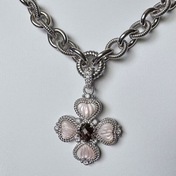 Judith Ripka 925 Silver Pink MOP Heart + CZ Maltese Cross Pendant Chain Necklace - Picture 9 of 17